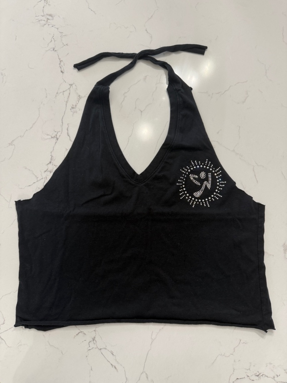 Zumba Black Halter Crop Top with Rhinestone Sun Accent